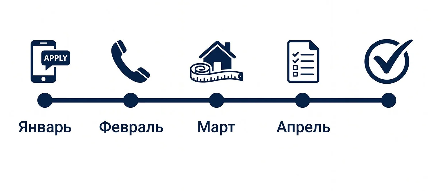 Цикл сделки по мебели: заявка в январе, звонок в феврале, замер в марте, договор и оплата в апреле
