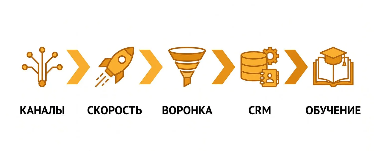 Пять шагов диагностики: каналы, скорость обработки, воронка, CRM, обучение менеджеров